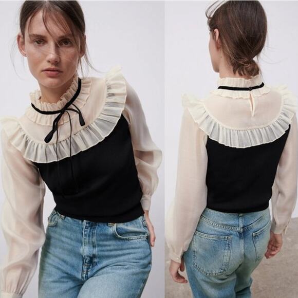 ZARA Contrast Organza Sweater Top Ruffle Velvet Ribbon Blouse Bloggers Fav - Picture 1 of 14